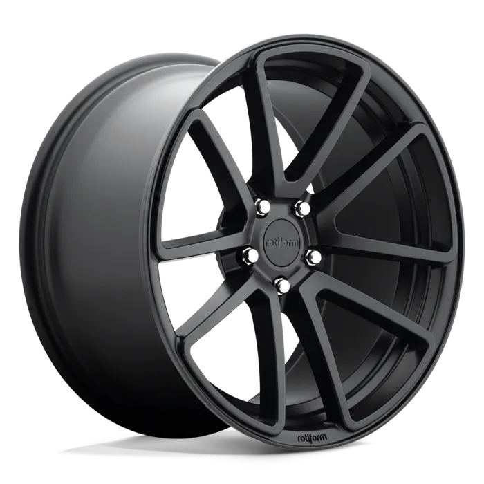 A matte black, multi-spoke car wheel rim with "rotiform" logo at center, displayed against a plain, light background.