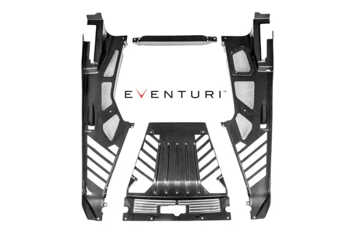 Carbon-fiber car parts are organized symmetrically, featuring vented panels and intricate designs on a white background. The text "EVENTURI" is printed in the center.