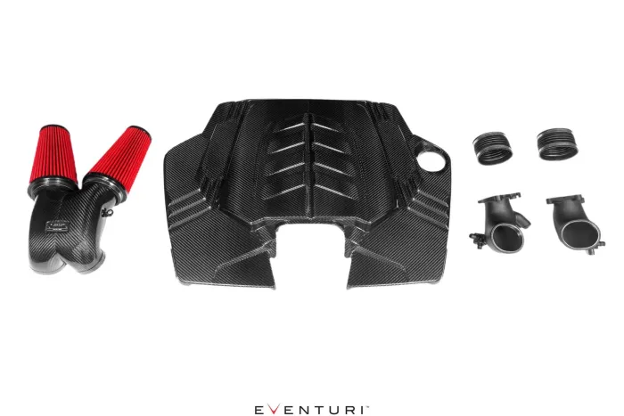 Carbon fiber engine cover and dual red air filters, accompanied by intake ducts and hoses, arranged on a white background. Text at the bottom: "EVENTURI™".