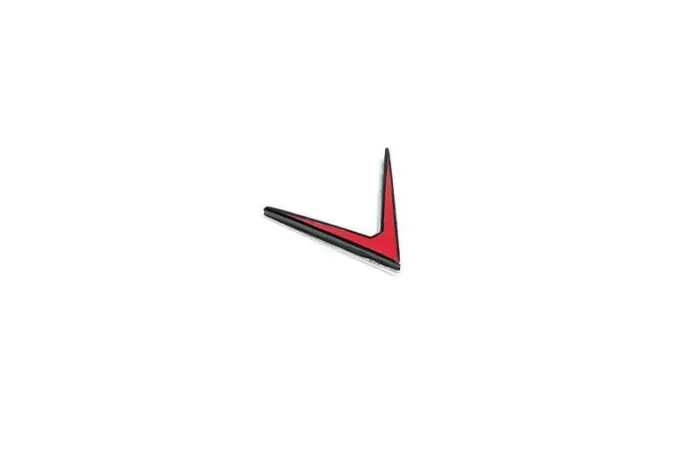 Red and black V-shaped emblem resting on a white background.