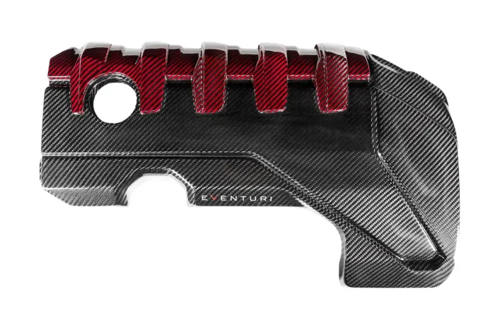 A carbon fiber engine cover with red accents has a circular opening and vents at the top; the brand "EVENTURI" is printed in the center.