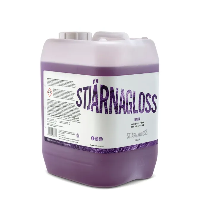 A purple plastic jerry can containing "Stjärnagloss Matta Residue-Free Car Shampoo" with a white label featuring detailed text, a hazard symbol, and social media icons, set against a plain white background.
