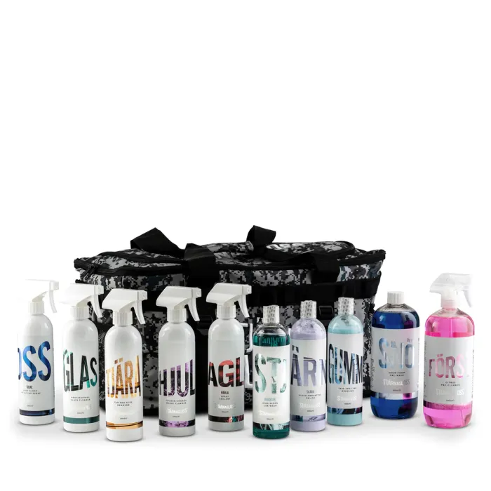 Ten labeled spray and squeeze bottles filled with various cleaning solutions are arranged in front of a black, camouflage-patterned duffel bag against a white background.