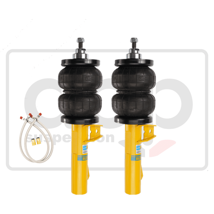 Two black air springs attached to yellow shock absorbers with blue labels are paired with two transparent hoses on a white background.