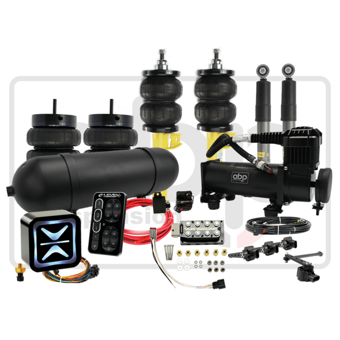 A collection of automotive air suspension components, including air springs, an air compressor, a control unit, wiring, and various connectors, displayed on a white background. "e-Level" and "ABP" are visible on the parts.