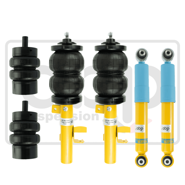 Automotive suspension components: two black coil air springs, two yellow and black struts, and two blue and yellow shock absorbers, arranged side by side on a white background. The struts are labeled: "abp Suspension" and "Bilstein".
