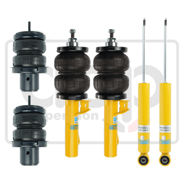 Air suspension components arranged systematically on a white background: two air springs, two double bellows airbags mounted on yellow struts, and two yellow shock absorbers with metal rods.