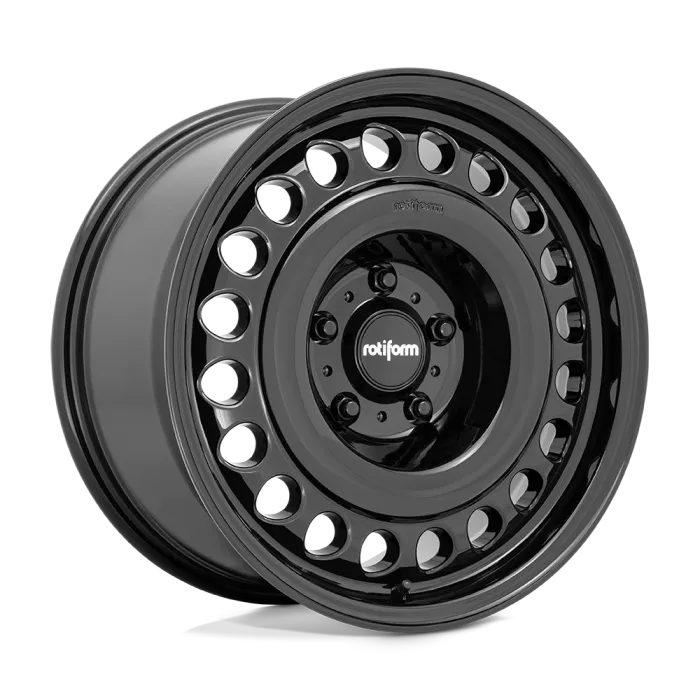 A black alloy car wheel features a multi-spoke design with the brand name "rotiform" in white on the center cap, presented against a solid white background.