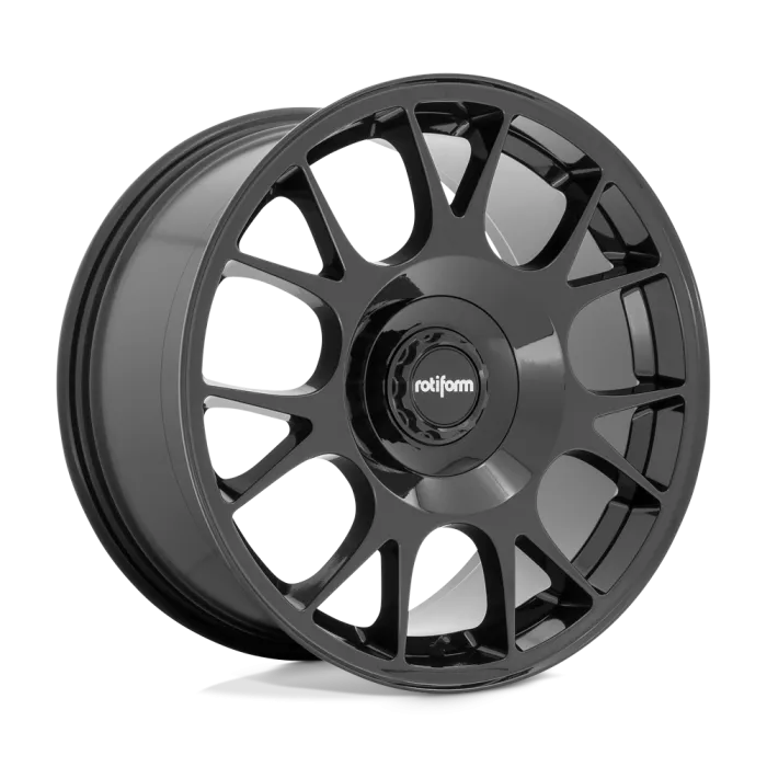 A sleek black alloy wheel with multiple spokes and a central hub displaying the text "rotiform," placed against a plain, gradient background.