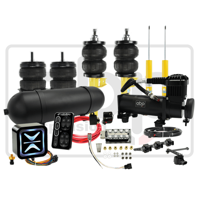Air suspension kit components, including black air springs, a tank, a compressor, shock absorbers, wiring, and a control panel, are displayed on a white background. Text: e-LEVEL, abp, VU4 ACCUAIRE.
