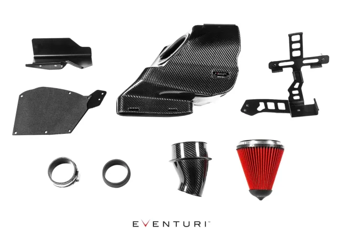 Components of a car air intake system, including carbon fiber ducts, heat shields, a red air filter, and metallic brackets, arranged against a white background, with the text “EVENTURI” at the bottom.