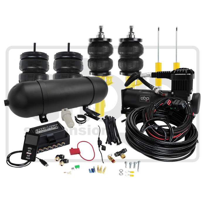 This image shows an air suspension kit, including air springs, a black air tank, a compressor with hoses, various valves, wires, and connectors against a white background with faint brand logos and the text "AIR LIFT Performance."
