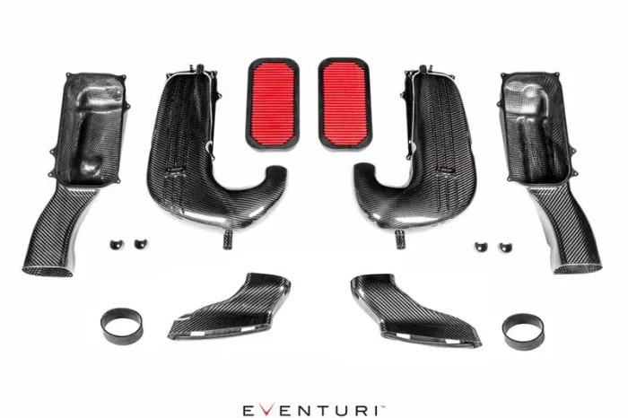 Carbon fiber air intake components with red filters arranged on a white background. The brand name "EVENTURI" in black and red is at the bottom. The setup includes hoses, tubes, and mounting hardware.