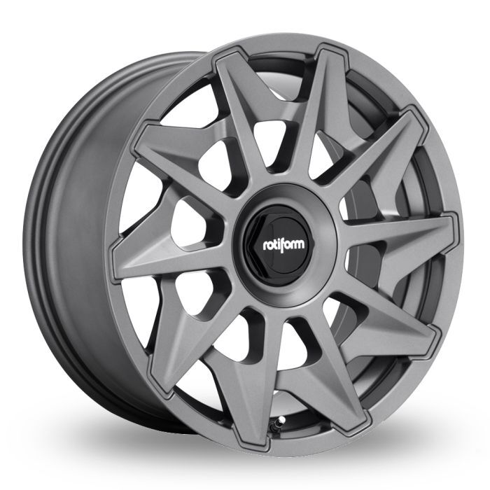 A gray 10-spoke alloy wheel with a brushed finish, featuring a black center cap with the white text "rotiform." The wheel is shown isolated on a white background.
