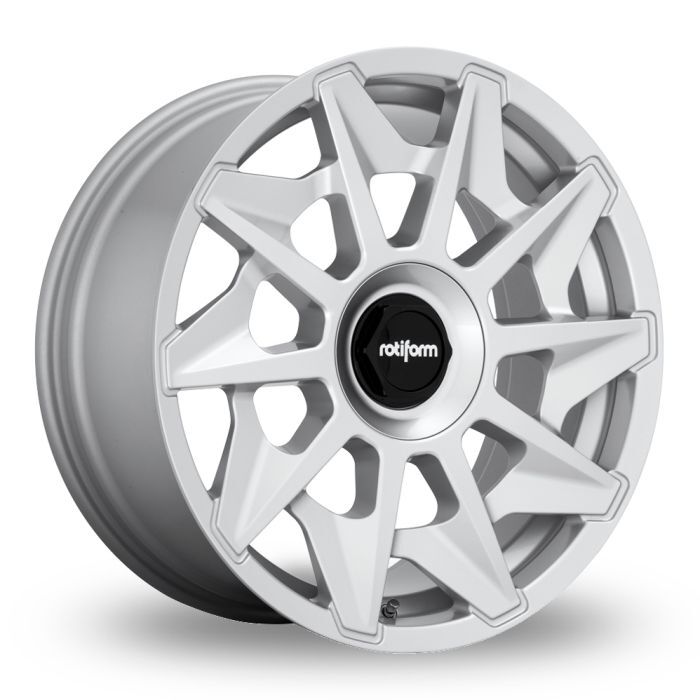 A silver alloy car wheel with a multi-spoke design; center cap displays the word "rotiform" in white text on a black background; presented against a white backdrop.