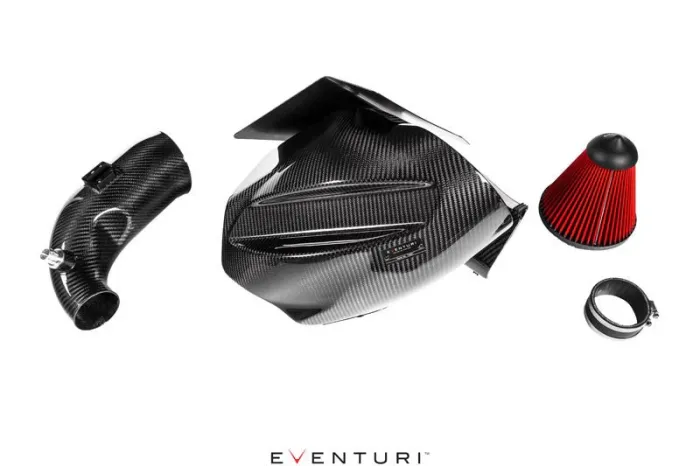 Carbon fiber automotive air intake components are arranged on a white background including a duct, airbox, and red cone filter. Text at the bottom reads, "EVENTURI."
