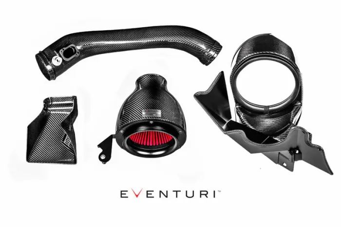 A car carbon fiber air intake system displayed separately on a white background, with parts including a tube, filter housing, and mounting brackets. Text: "EVENTURI" at the bottom center.