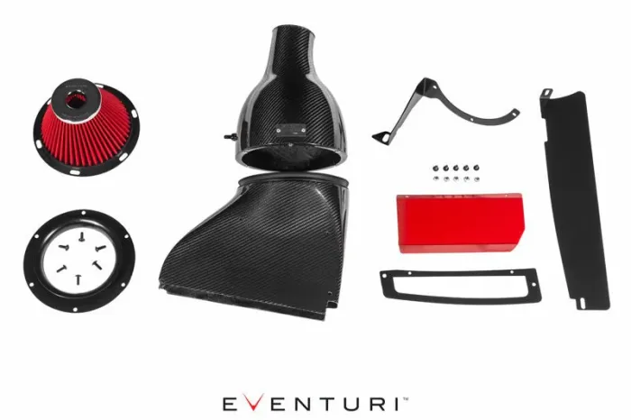 Automotive air intake kit with carbon fiber components, a red air filter, black mounting brackets, screws, and a red rectangular box, arranged on a white background. Text: "EVENTURI."
