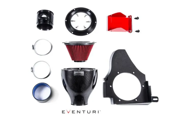 Black, red, and silver car intake system components are arranged neatly on a white background. Text reads "EVENTURI." Components include filters, clamps, ducts, and screws.