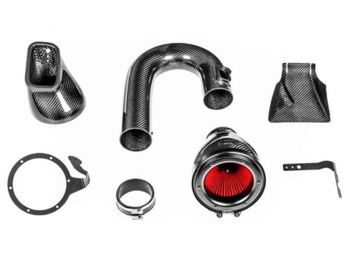Carbon fiber car parts, including an air intake system with a red filter, a curved pipe, a bracket, and other components, are laid out on a white background for display.