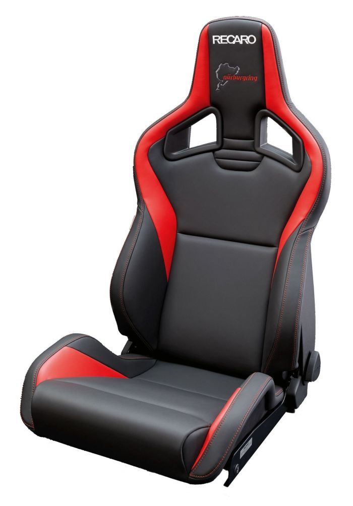 A black and red racing seat with "RECARO" and "nürburgring" logo is placed in a plain white studio background.