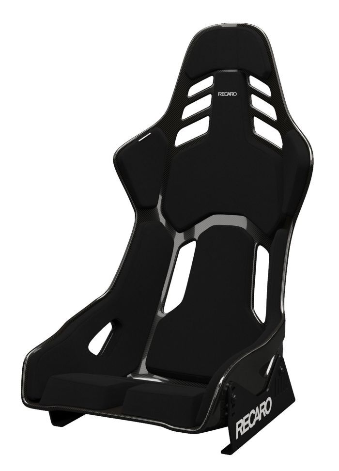 A black racing seat with ergonomic padding and cut-outs, labeled "RECARO," resting on a sleek black base in a minimalistic, white background.